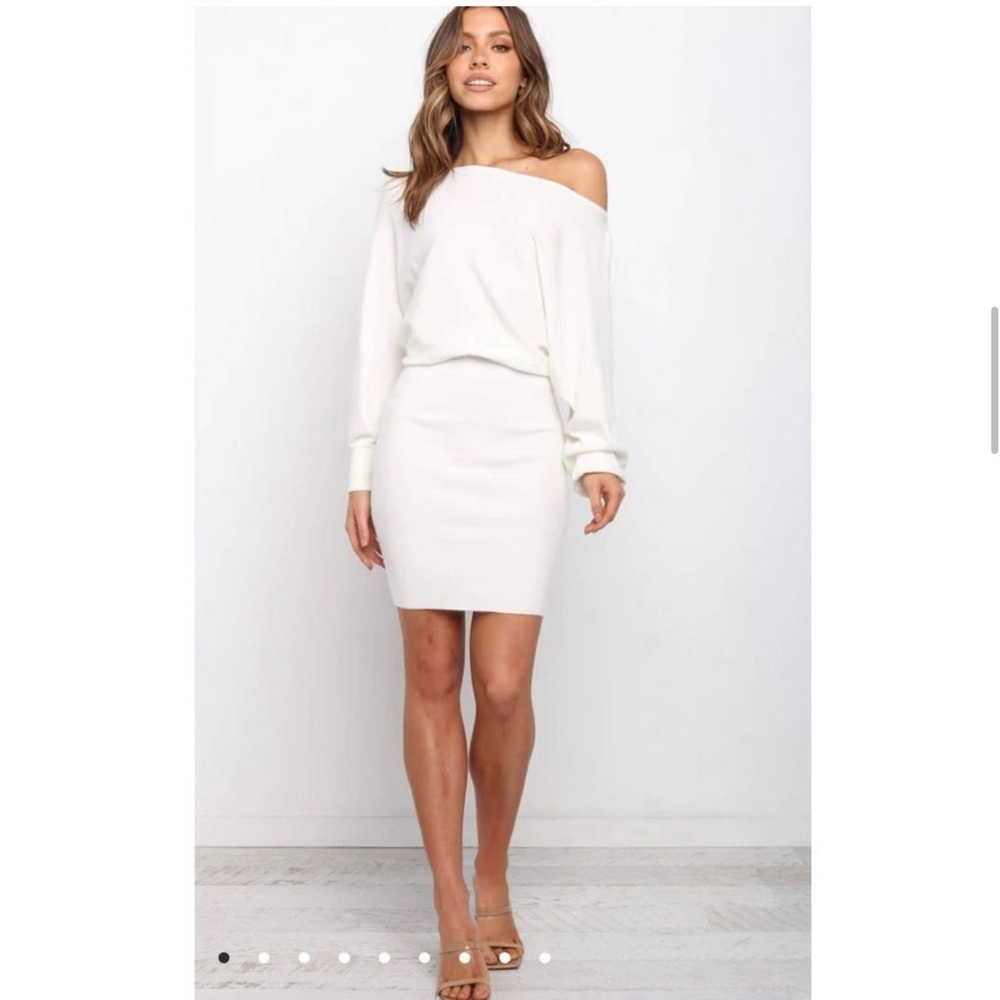 Petal & Pup romantic asymmetric neckline Sweater DRESS WHITE Off the Shoulder 4 - Picture 4 of 14
